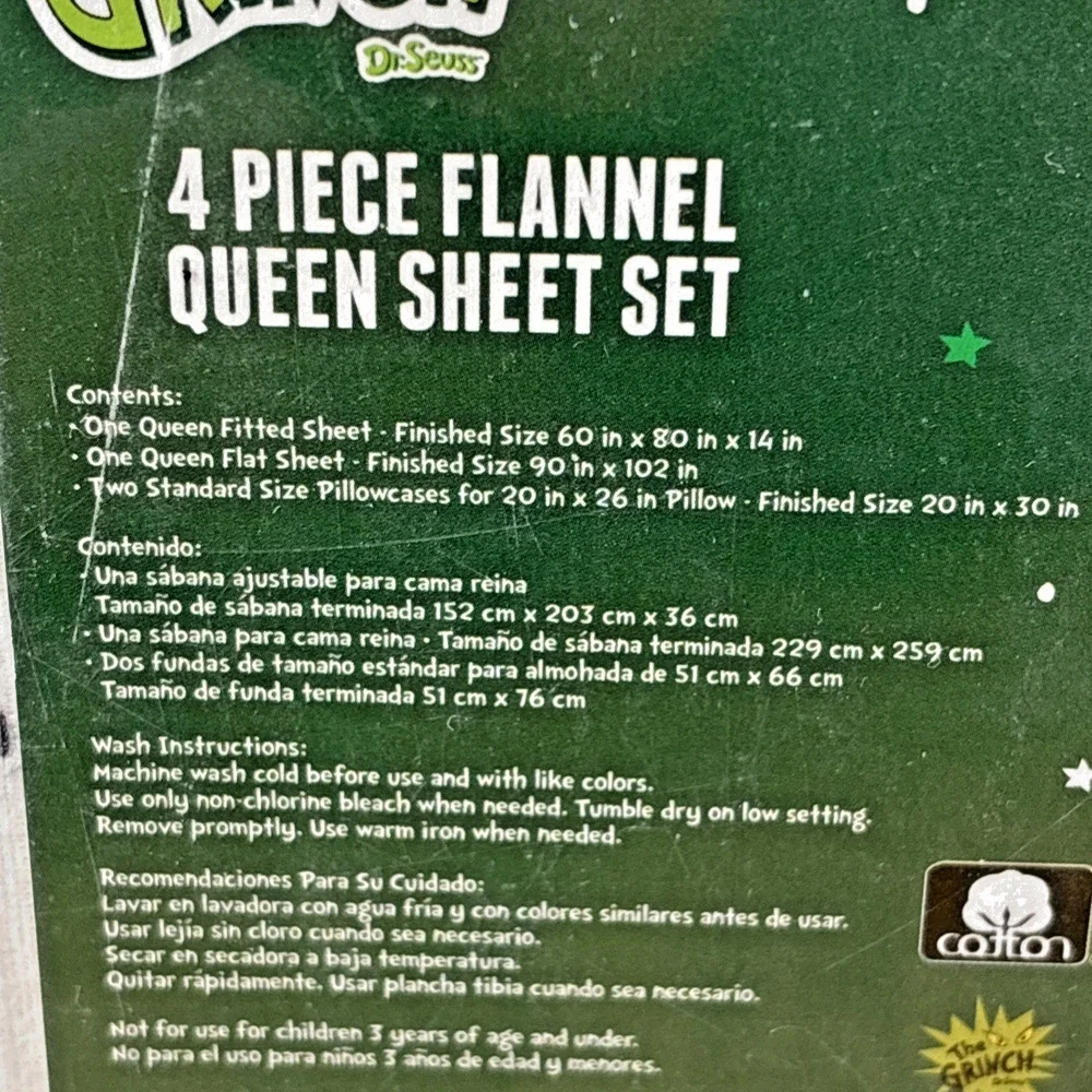 Dr Seuss The Grinch Holiday Cotton Flannel QUEEN Sheet Set Christmas Trees NEW